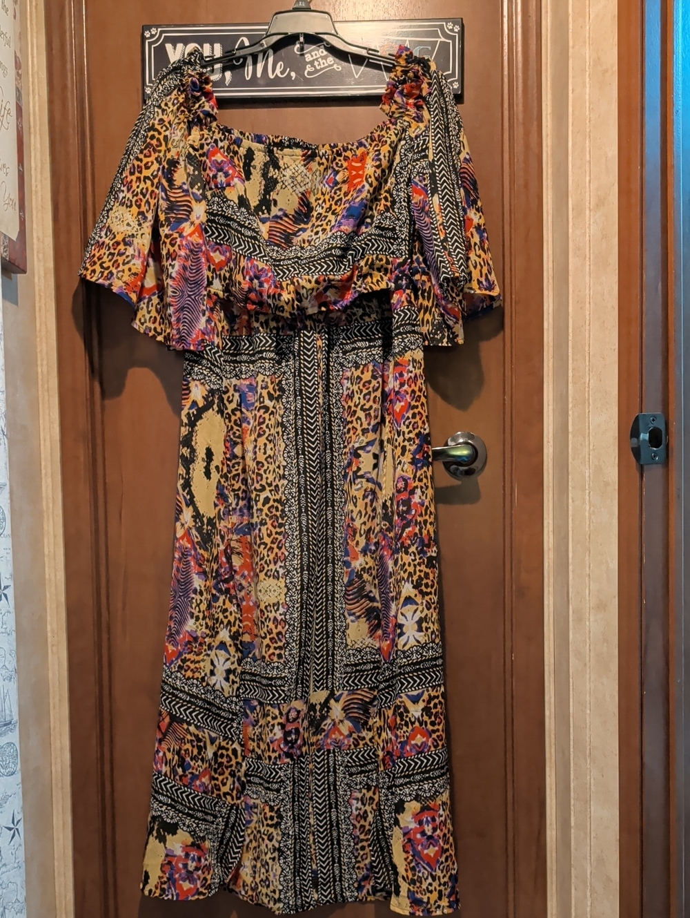 Off-Shoulder Mixed Print Crop Top With Sheer Train in Back Yellow Multi Print